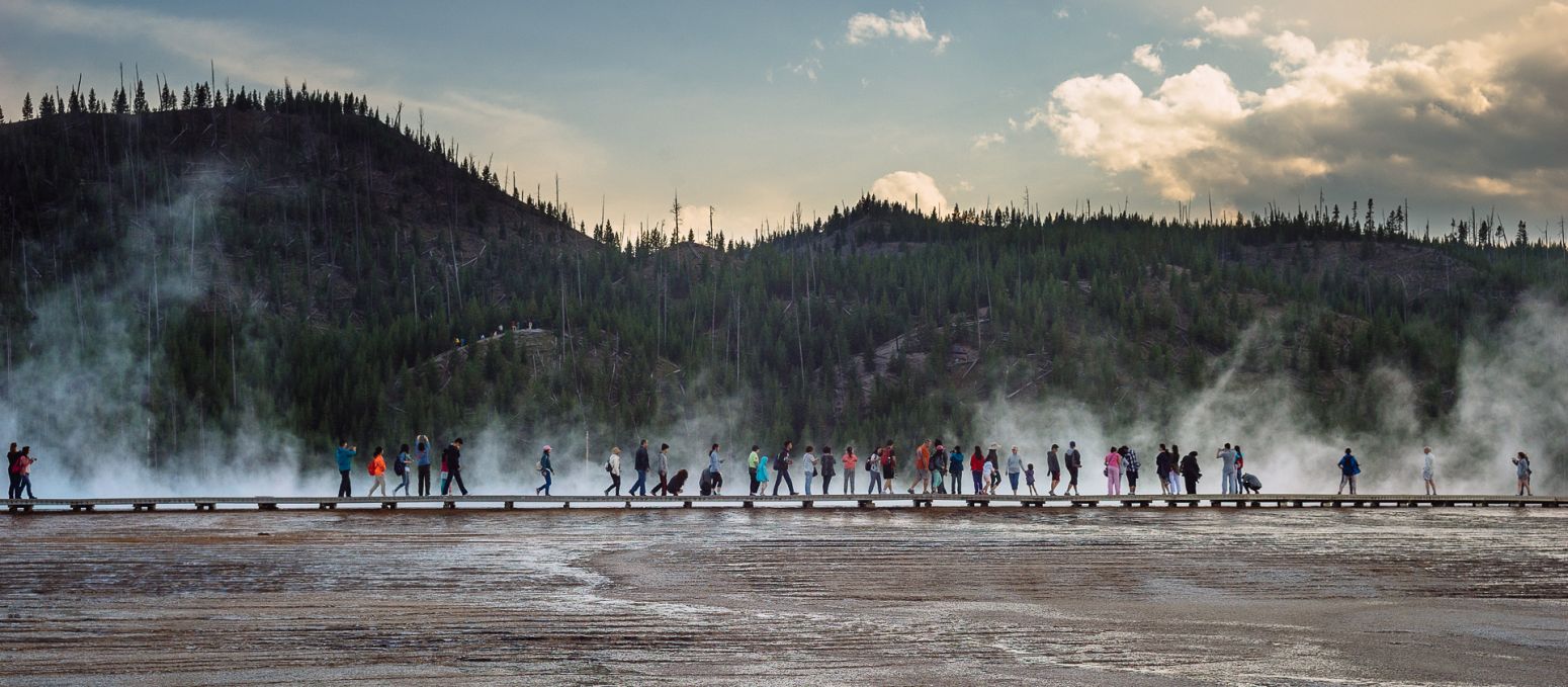 Tourists at Grand Prismatic spring, Yellowstone NP, Wyoming, USA